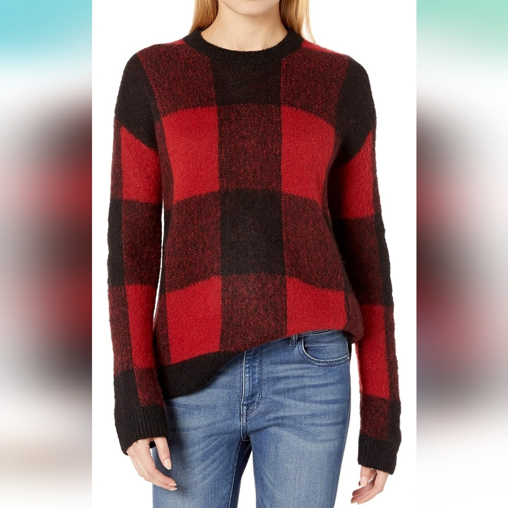 NEW Lucky Brand Red and Black Checkered Buffalo Plaid Wool Long Sleeve Sweater